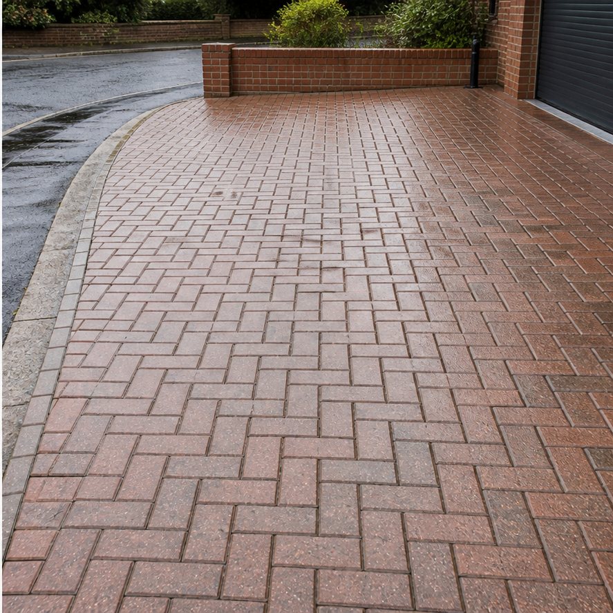 The same block-paved driveway after pressure washing with cleaner brighter paving