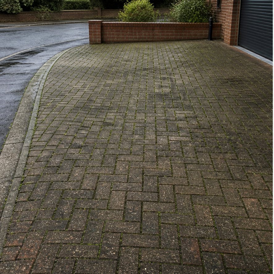 Dirty block-paved driveway before pressure washing with moss and dark staining