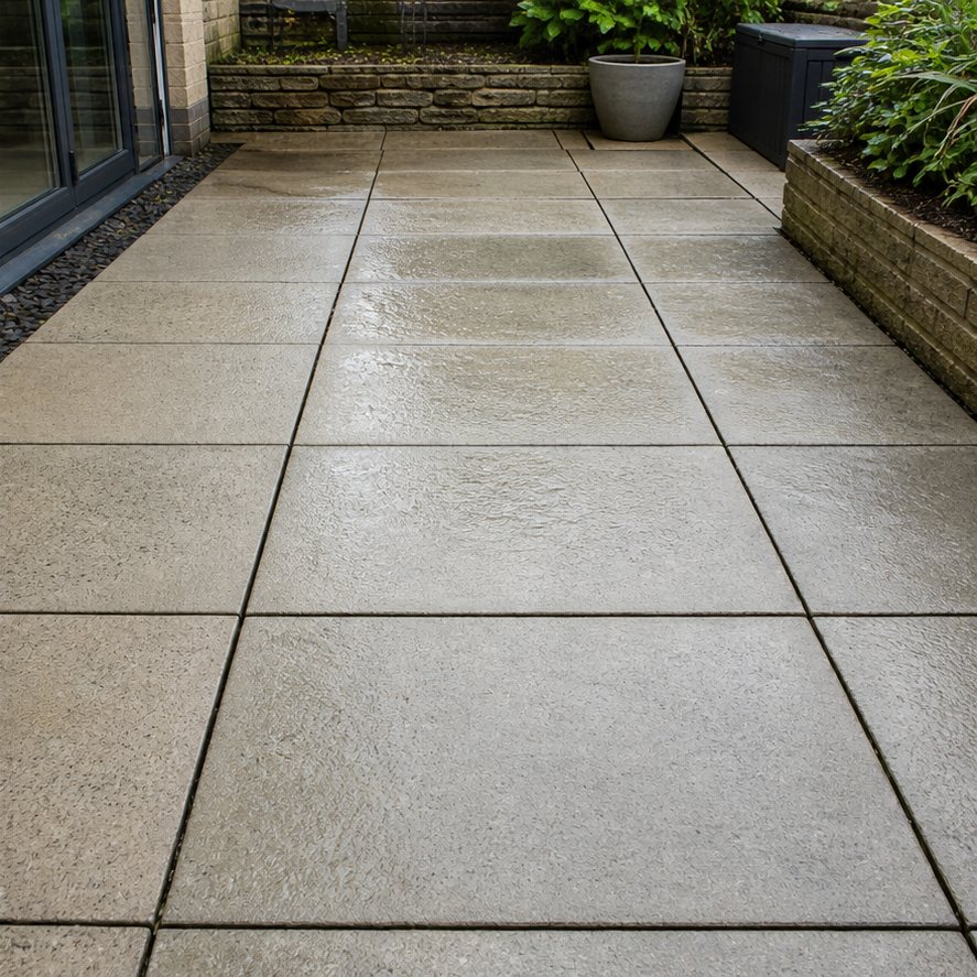 The same patio paving after pressure washing, cleaner and brighter with a wet finish