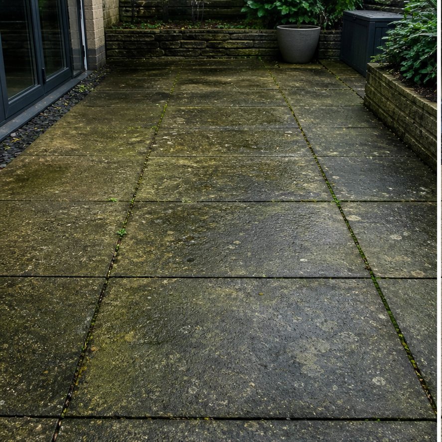 Dirty patio paving before pressure washing with algae and dark weather staining