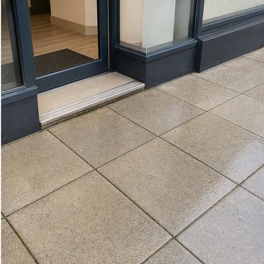 The same front entrance paving after pressure washing with cleaner lighter slabs