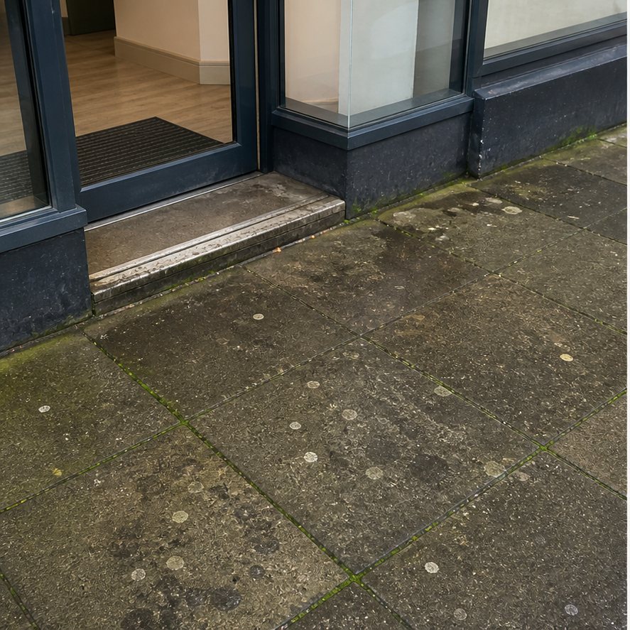 Dirty front entrance paving before pressure washing with marks and dark grime near the doorway